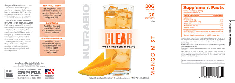 NutraBio - Clear Whey Protein Isolate 20 Servings